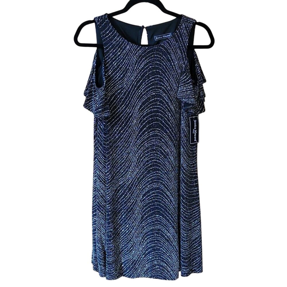 Jessica Howard Black Silver Metallic Dress Cold Shoulder Evening Cocktail Midi 6